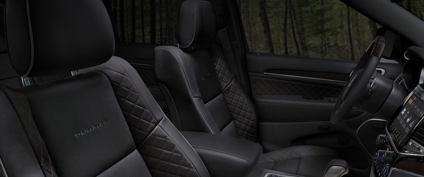 An interior view of the seats in the 2020 Jeep Grand Cherokee Summit.