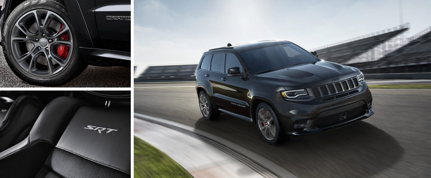 Three images: The 2020 Jeep Grand Cherokee SRT on a track, its wheel with red brake caliper and its seat with SRT badging.