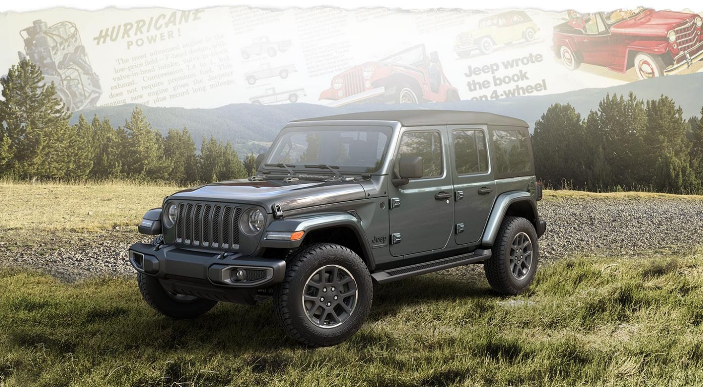 A three-quarter front profile of the 2021 Jeep Wrangler 80th Anniversary Edition superimposed on historical advertisements for the Jeep brand.