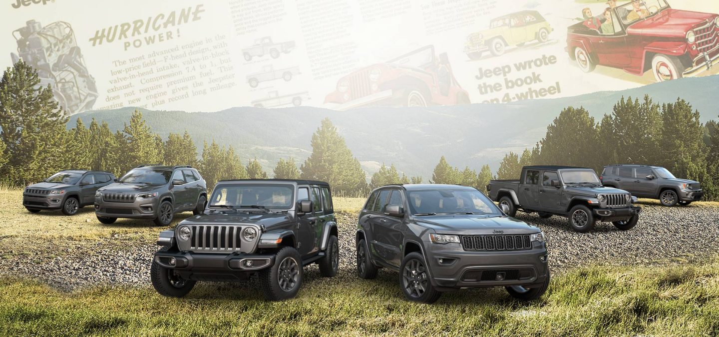 A lineup of six 2021 Jeep Brand vehicles superimposed on historical advertisements for the brand.